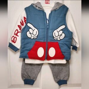 Baby Toddler 3pc Set Long Sleeve Shirt/Pants/Puffed Hooded Vest 6-9 Months
